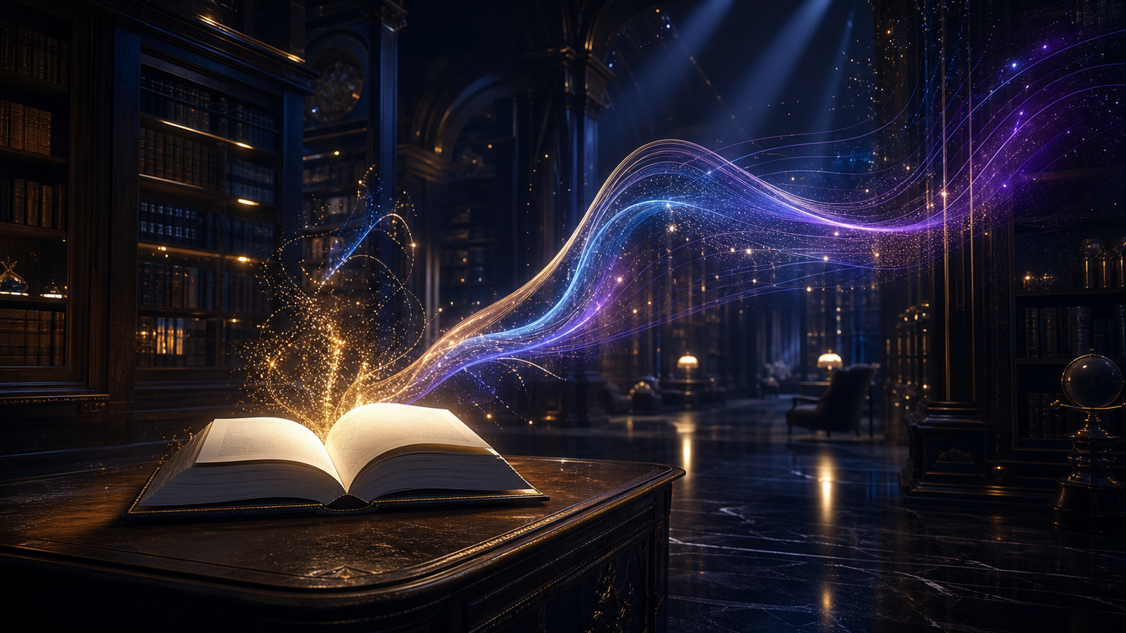 Open book releasing luminous sound and publishing signals in a premium library
